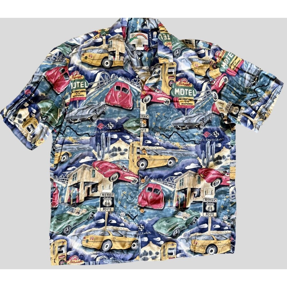 ⁠Vintage Paradise Found Corvette Hawaiian Shirt L Rayon Route 66 Made In Hawaii